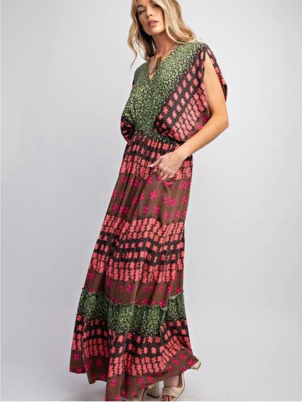 Talulah Mixed Print Maxi Dress Boho Geometric Floral Short Sleeve Small